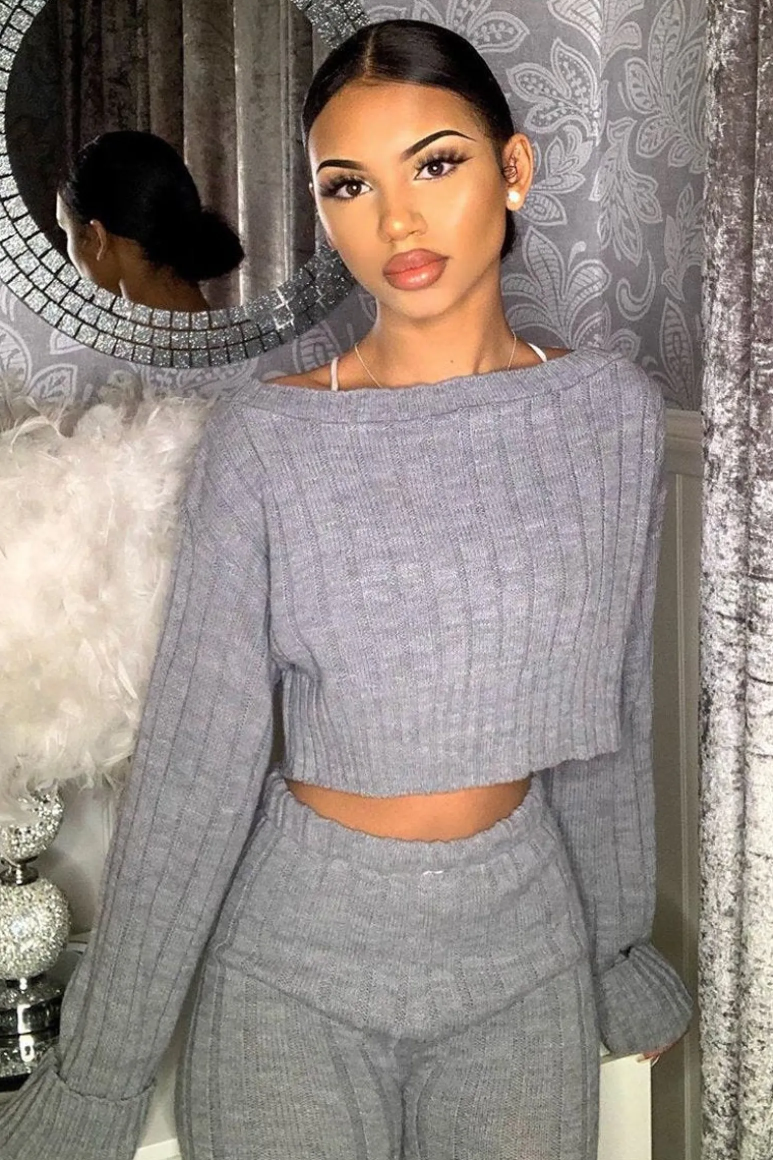 Rebellious Fashion Grey Chunky Knit Loungewear Set - Wynter