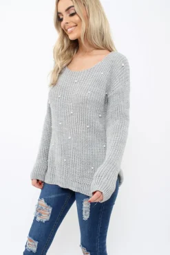 Rebellious Fashion Grey Chunky Knit Pearl Jumper - Terri