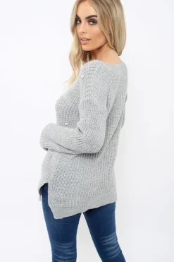 Rebellious Fashion Grey Chunky Knit Pearl Jumper - Terri