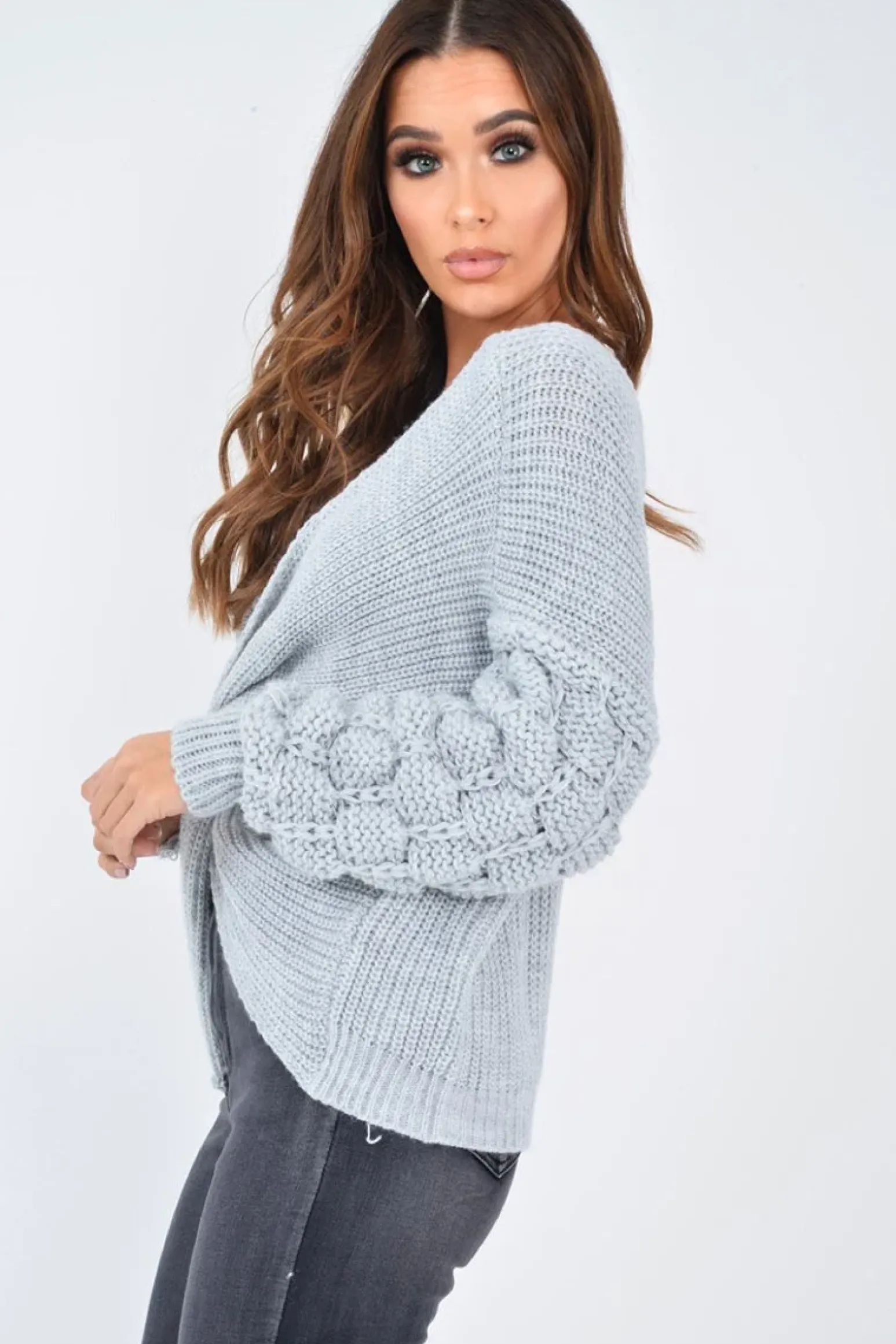 Rebellious Fashion Grey Chunky Knit Plunge Sleeve Detail Jumper - Laelle