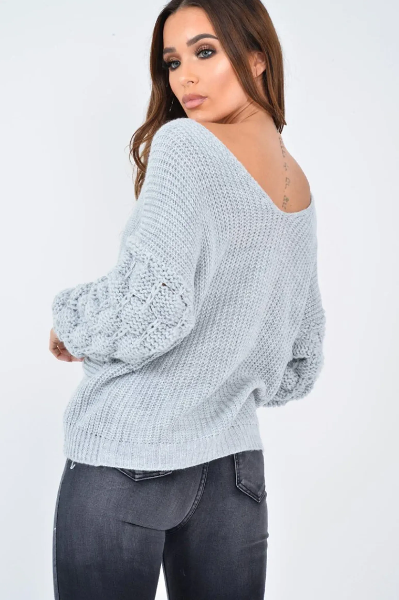 Rebellious Fashion Grey Chunky Knit Plunge Sleeve Detail Jumper - Laelle