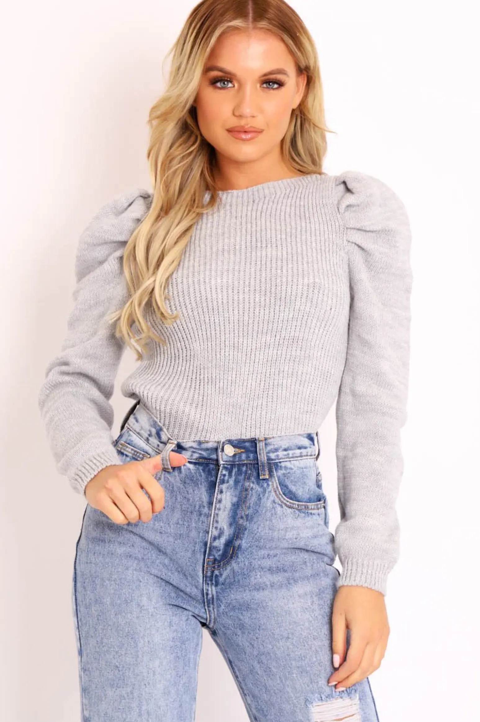 Rebellious Fashion Grey Chunky Knit Puff Sleeve Jumper - Hannahmae