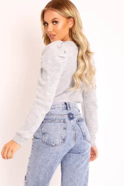 Rebellious Fashion Grey Chunky Knit Puff Sleeve Jumper - Hannahmae