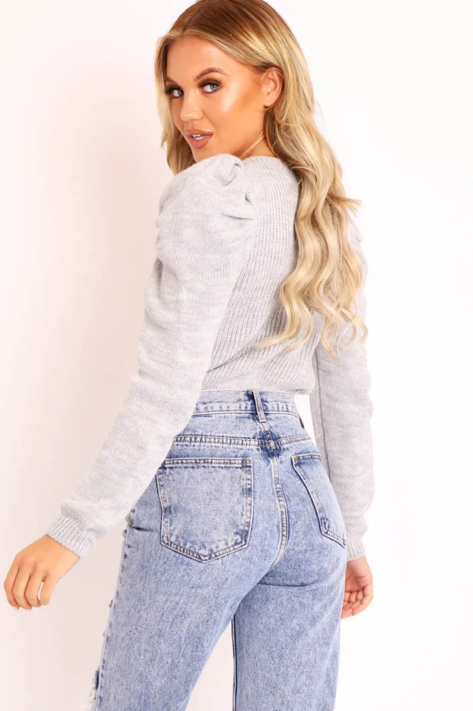 Rebellious Fashion Grey Chunky Knit Puff Sleeve Jumper - Hannahmae