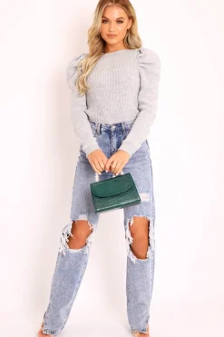 Rebellious Fashion Grey Chunky Knit Puff Sleeve Jumper - Hannahmae