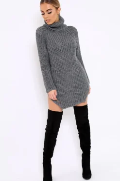 Rebellious Fashion Grey Chunky Knit Roll Neck Cut Out Hem Jumper Dress - Catalina