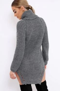 Rebellious Fashion Grey Chunky Knit Roll Neck Cut Out Hem Jumper Dress - Catalina