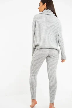 Rebellious Fashion Grey Chunky Knit Roll Neck Loungewear Co-Ord - Imara