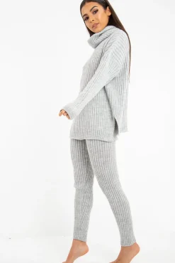 Rebellious Fashion Grey Chunky Knit Roll Neck Loungewear Co-Ord - Imara