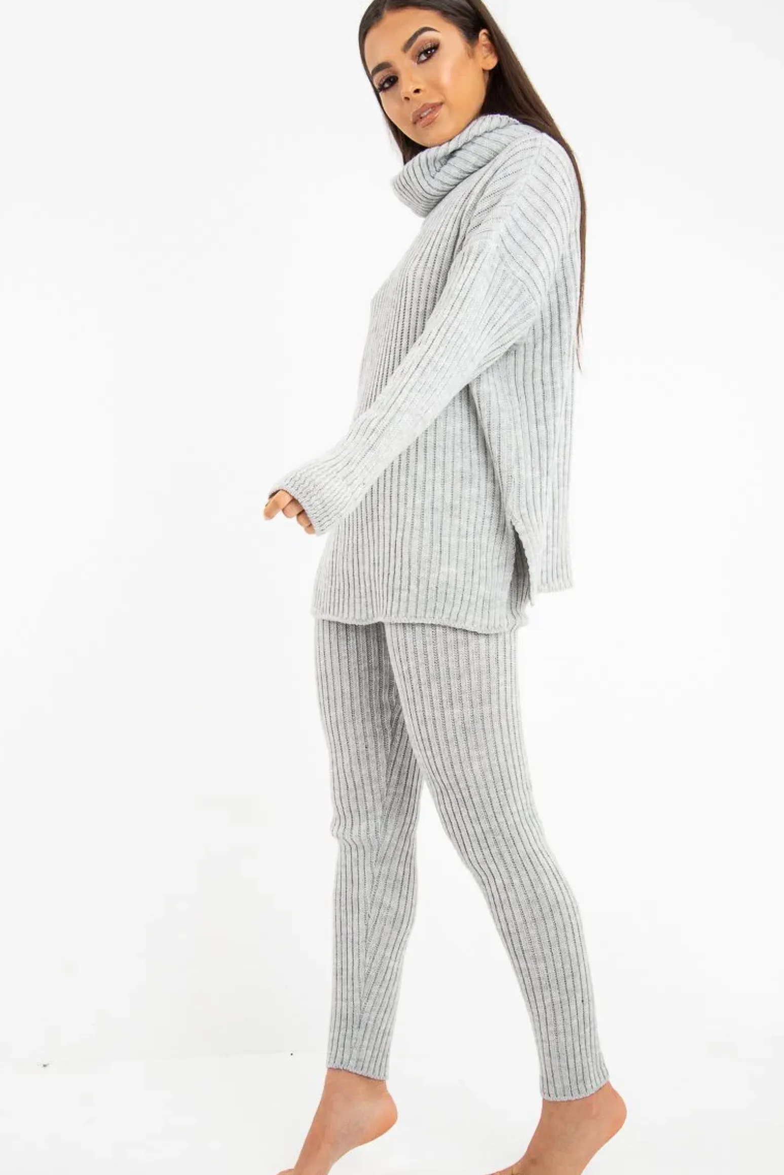 Rebellious Fashion Grey Chunky Knit Roll Neck Loungewear Co-Ord - Imara