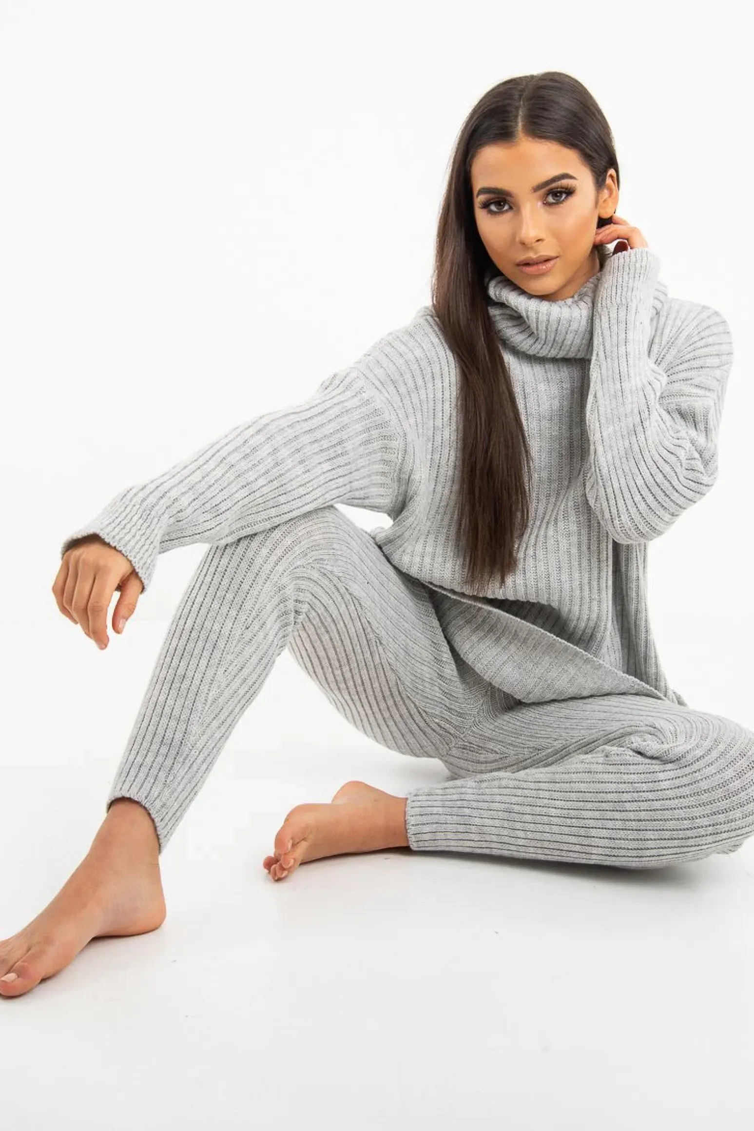 Rebellious Fashion Grey Chunky Knit Roll Neck Loungewear Co-Ord - Imara