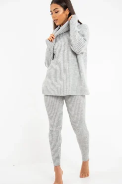 Rebellious Fashion Grey Chunky Knit Roll Neck Loungewear Co-Ord - Imara