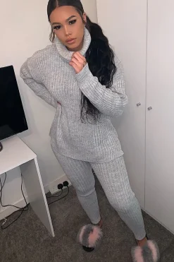 Rebellious Fashion Grey Chunky Knit Roll Neck Loungewear Co-Ord - Imara