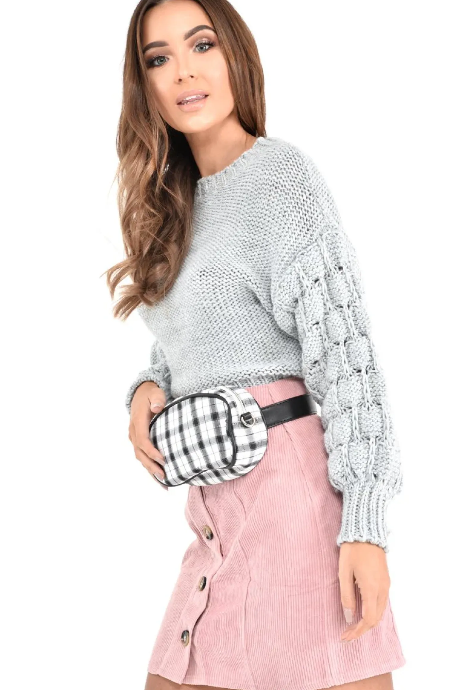 Rebellious Fashion Grey Chunky Knit Sleeve Detail Cropped Jumper - Danyela