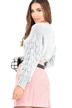 Rebellious Fashion Grey Chunky Knit Sleeve Detail Cropped Jumper - Danyela