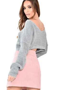 Rebellious Fashion Grey Chunky Knit V Back Crop Jumper - Priscilla