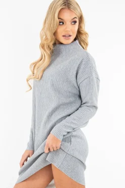 Rebellious Fashion Grey Chunky Rib Slash Neck Jumper Dress - Kameron