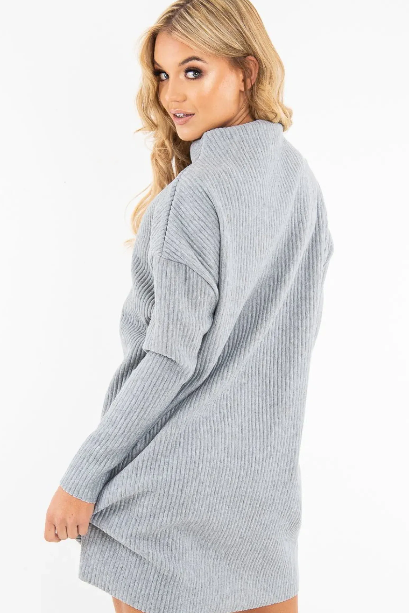 Rebellious Fashion Grey Chunky Rib Slash Neck Jumper Dress - Kameron