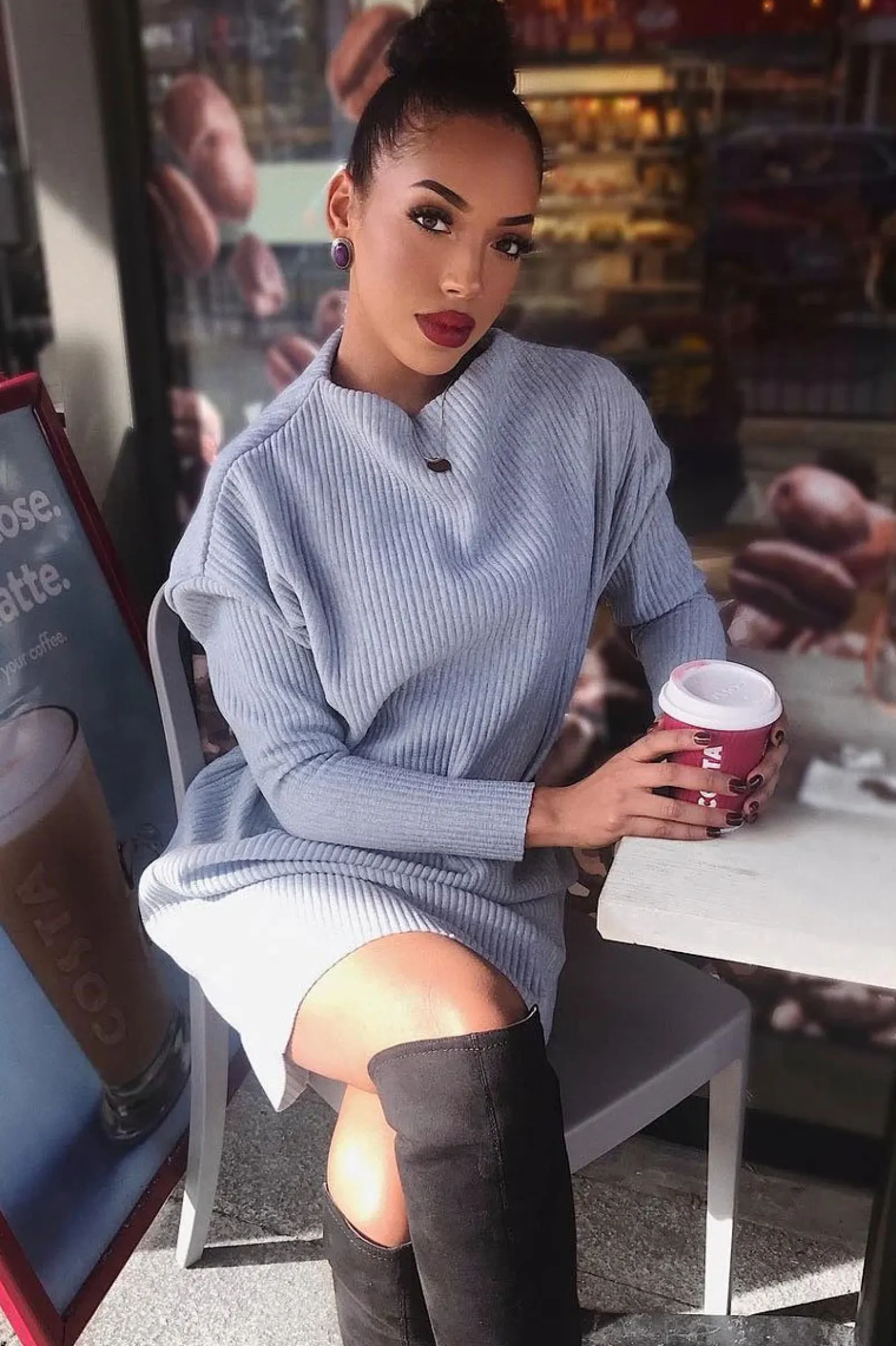 Rebellious Fashion Grey Chunky Rib Slash Neck Jumper Dress - Kameron
