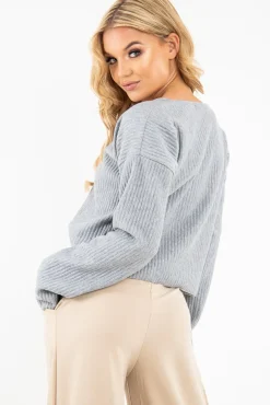Rebellious Fashion Grey Chunky Rib V-Neck Jumper - Evalise