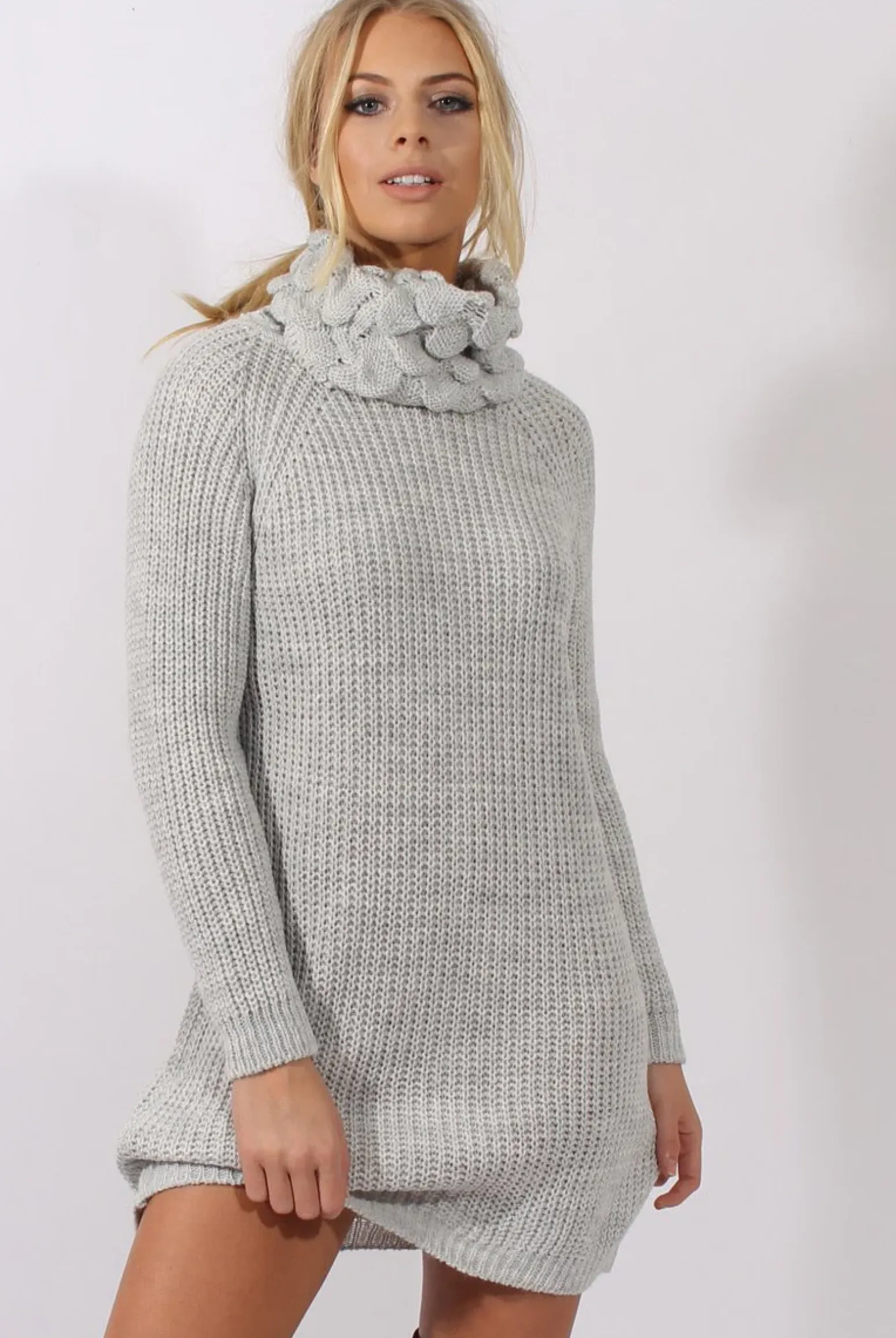Rebellious Fashion Grey Chunky Turtleneck Knit Jumper Dress - Cloe