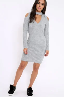 Rebellious Fashion Grey Cold Shoulder and V Neck Cut Out Dress - Riona