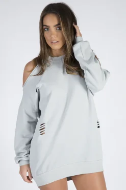 Rebellious Fashion Grey Cold Shoulder Distressed Jumper Dress - Kylie