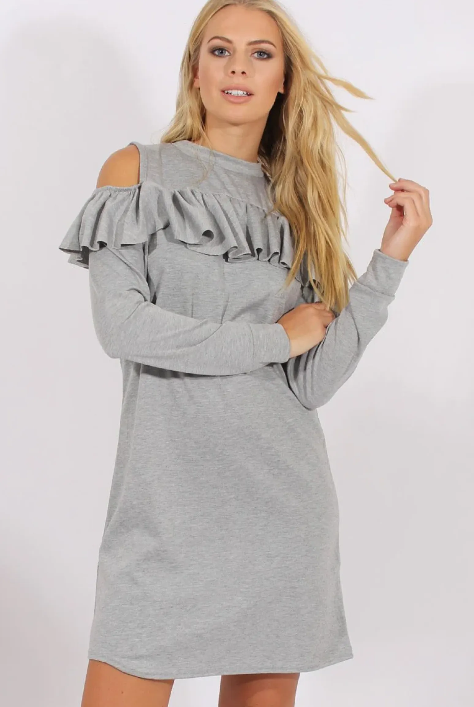 Rebellious Fashion Grey Cold Shoulder Frill Layer Swing Dress - Megan