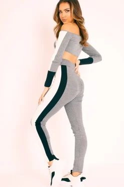 Rebellious Fashion Grey Colour Block Bardot Crop Legging Co-ord - Sheyla