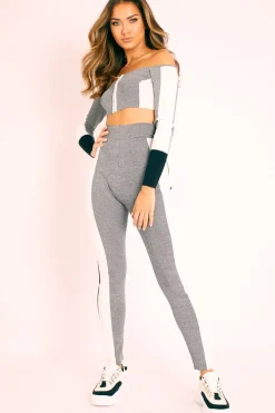 Rebellious Fashion Grey Colour Block Bardot Crop Legging Co-ord - Sheyla
