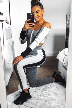 Rebellious Fashion Grey Colour Block Bardot Crop Legging Co-ord - Sheyla