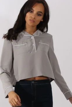Rebellious Fashion Grey Contrast Piping Cropped Shirt - Simone