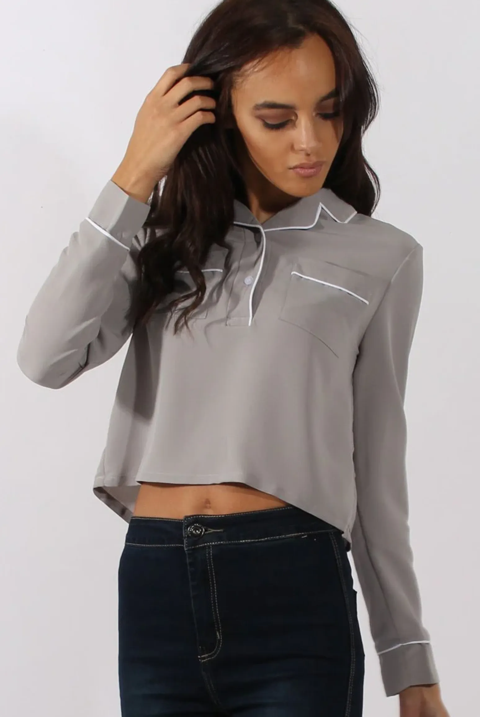 Rebellious Fashion Grey Contrast Piping Cropped Shirt - Simone