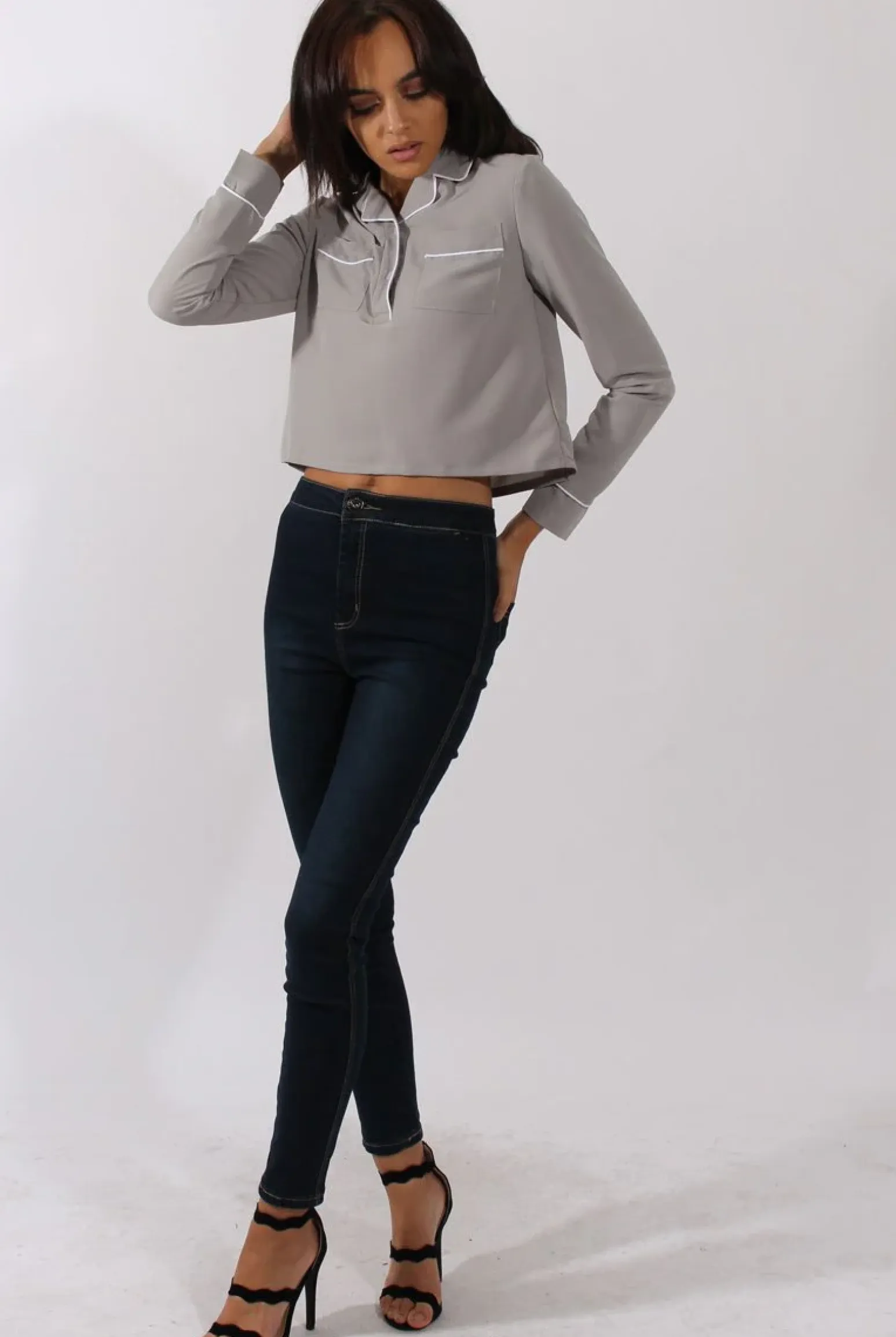 Rebellious Fashion Grey Contrast Piping Cropped Shirt - Simone