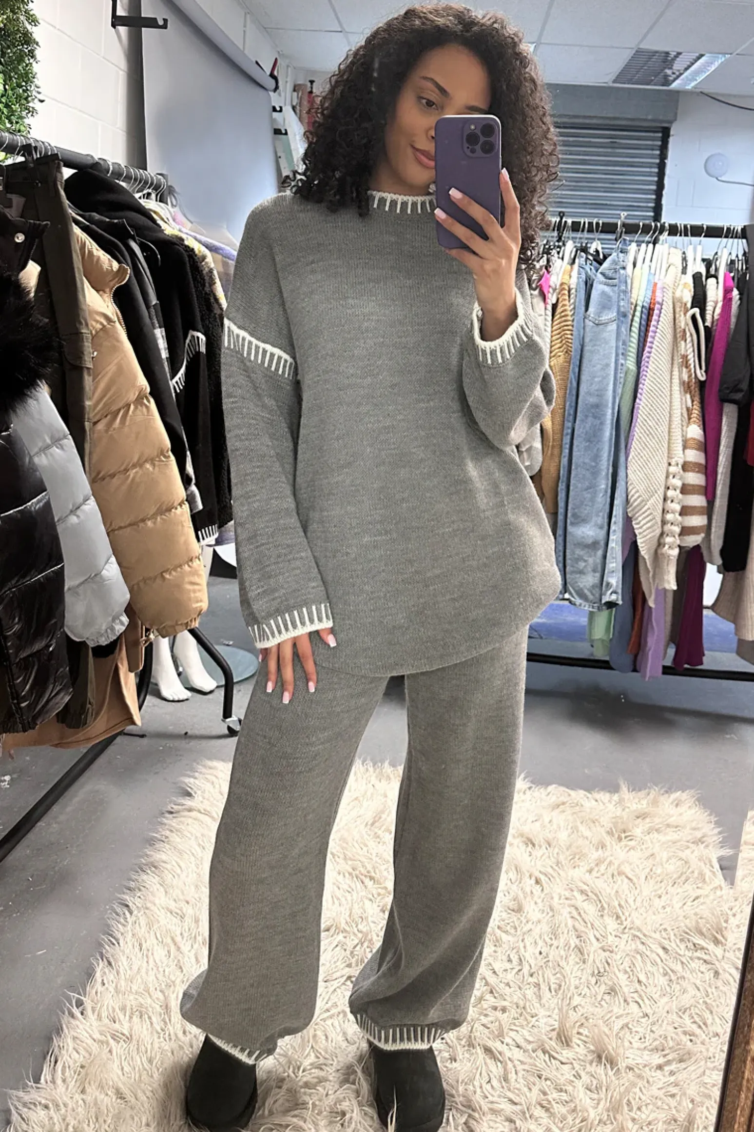 Rebellious Fashion Grey Contrast Stitch Knitted Co-ord Set - Storm