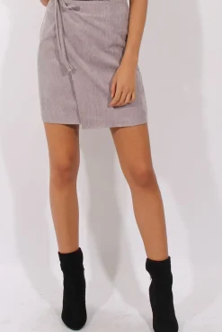 Rebellious Fashion Grey Corduroy Front Wrap High Waisted Skirt - Caylon