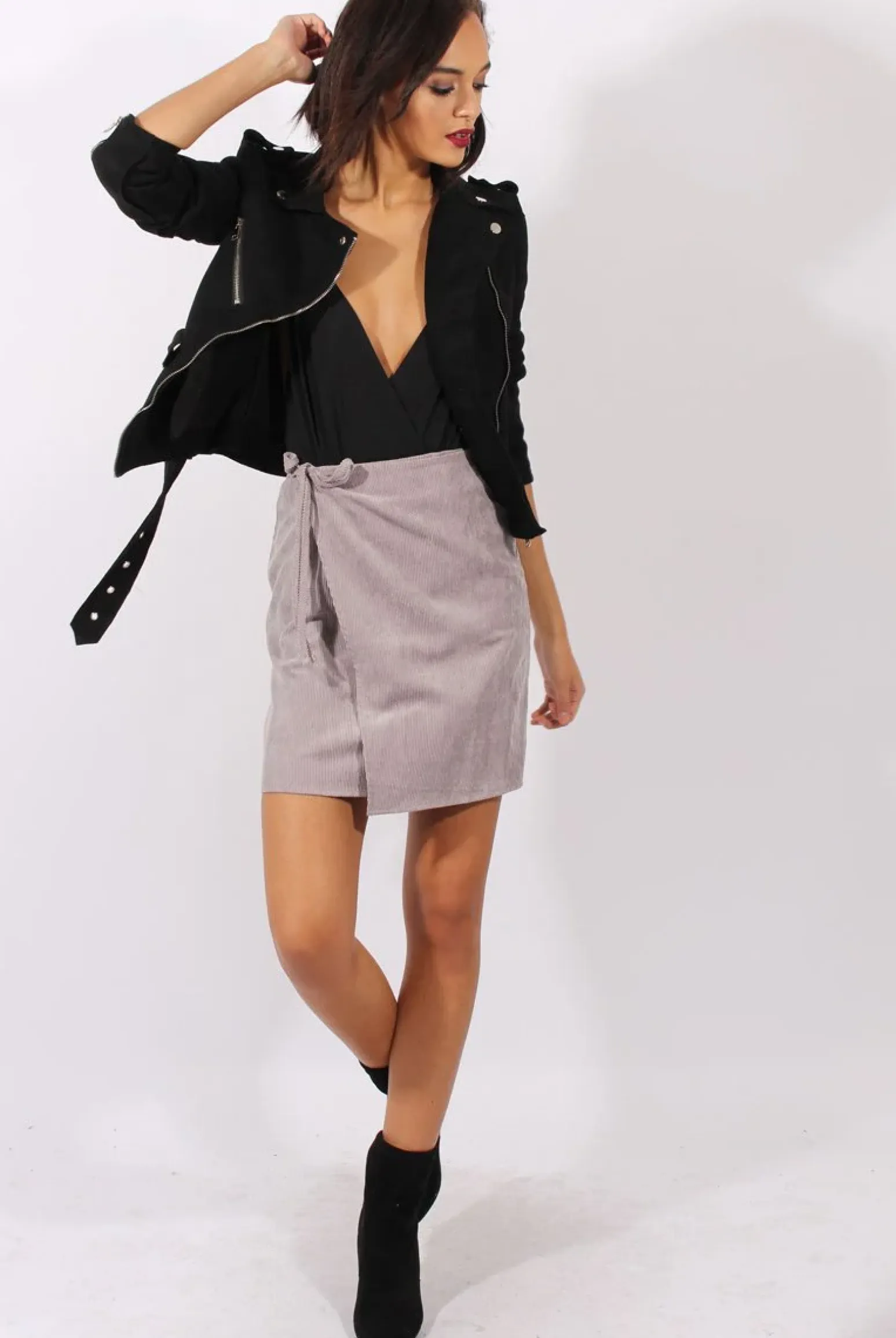 Rebellious Fashion Grey Corduroy Front Wrap High Waisted Skirt - Caylon