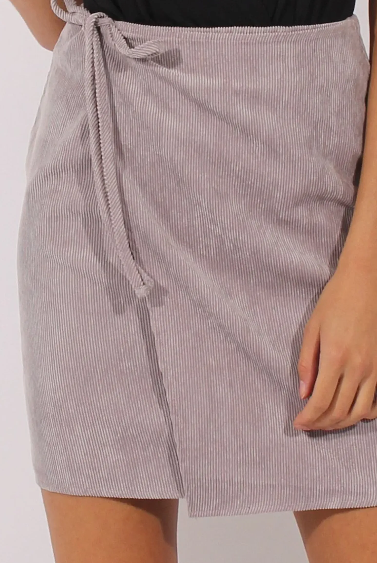 Rebellious Fashion Grey Corduroy Front Wrap High Waisted Skirt - Caylon