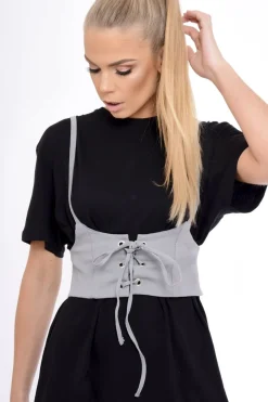 Rebellious Fashion Grey Corset Lace Up Eyelet Crop Top - Mylene
