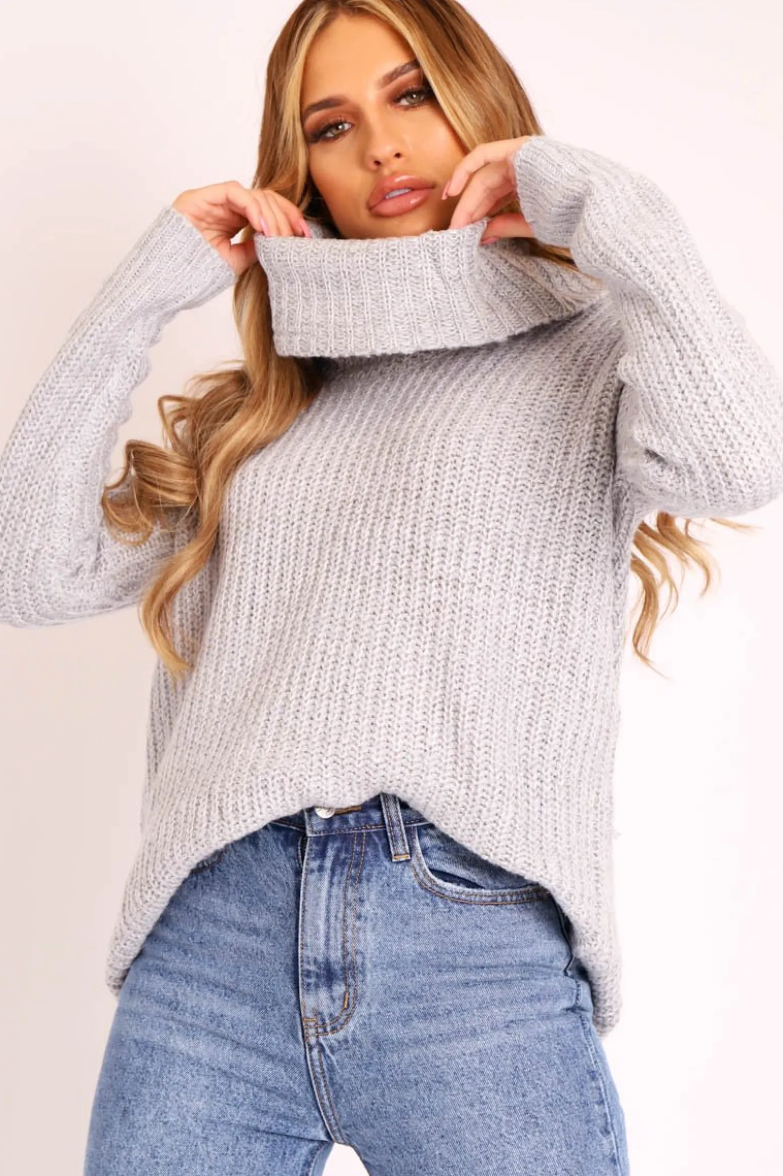 Rebellious Fashion Grey Cowl Neck Longline Knitted Jumper - Cayden