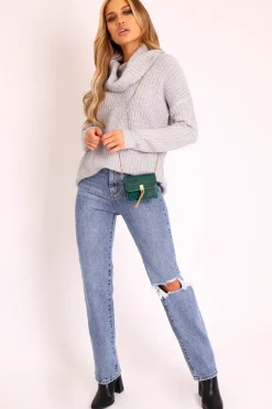 Rebellious Fashion Grey Cowl Neck Longline Knitted Jumper - Cayden