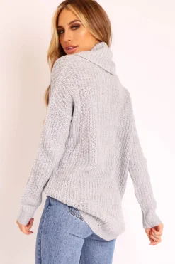 Rebellious Fashion Grey Cowl Neck Longline Knitted Jumper - Cayden