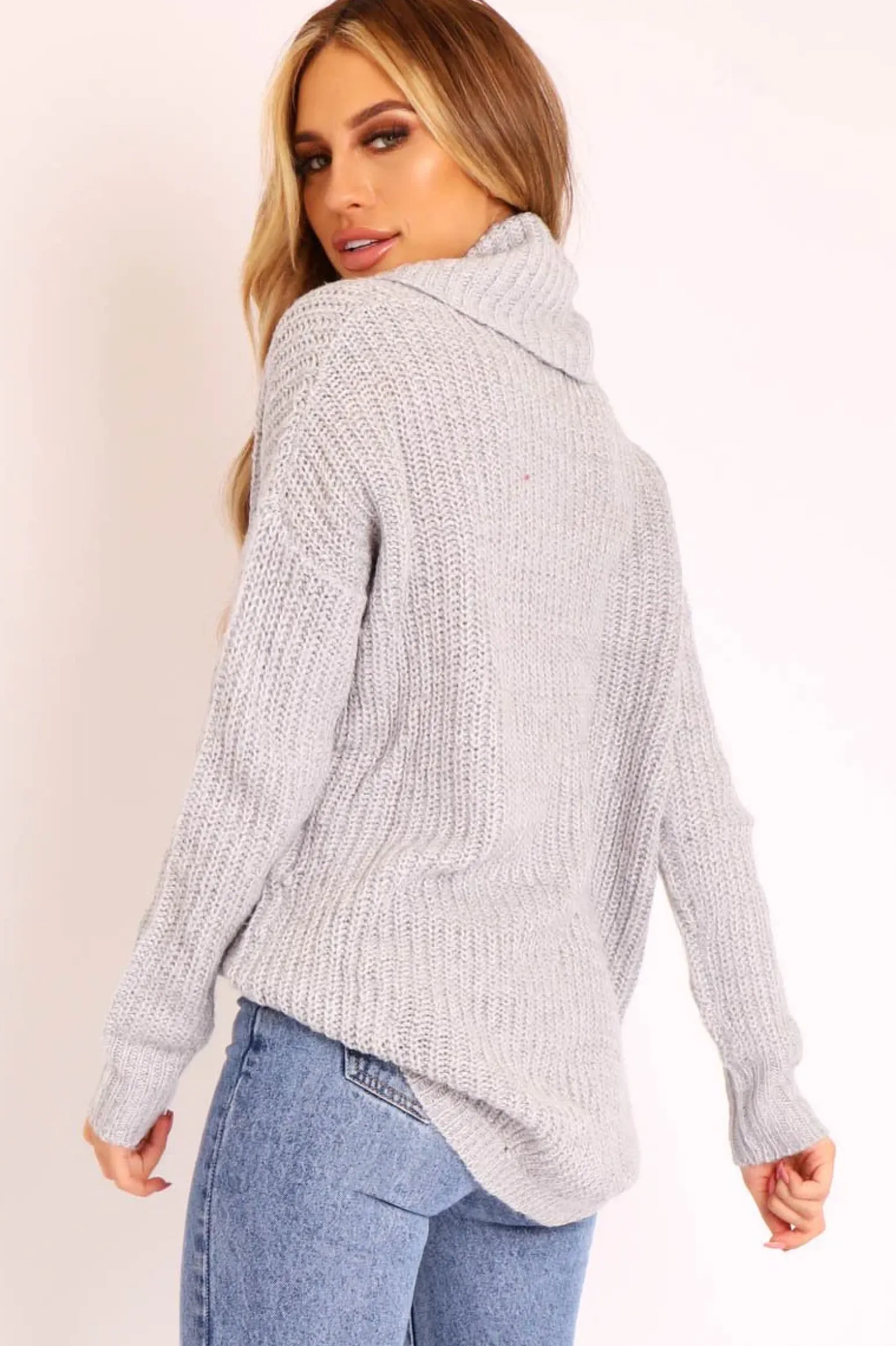 Rebellious Fashion Grey Cowl Neck Longline Knitted Jumper - Cayden