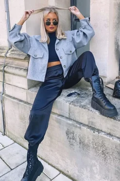 Rebellious Fashion Grey Cropped Balloon Sleeve Shacket - Lexia