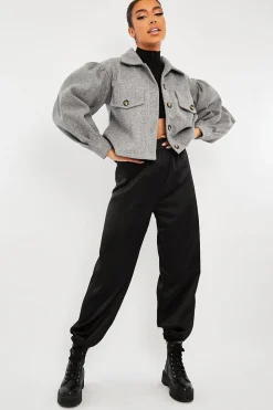 Rebellious Fashion Grey Cropped Balloon Sleeve Shacket - Lexia