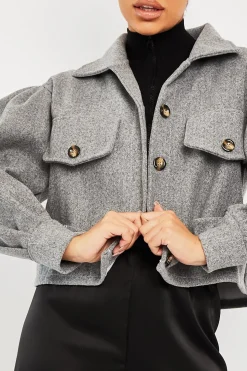 Rebellious Fashion Grey Cropped Balloon Sleeve Shacket - Lexia
