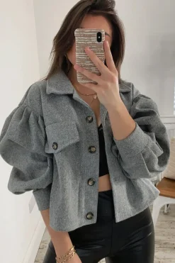 Rebellious Fashion Grey Cropped Balloon Sleeve Shacket - Lexia
