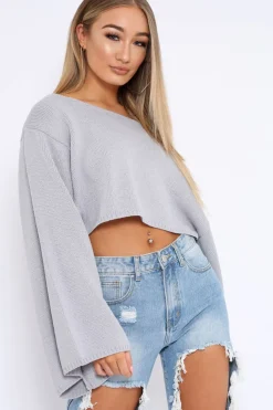 Rebellious Fashion Grey Cropped Batwing Jumper - Carmin