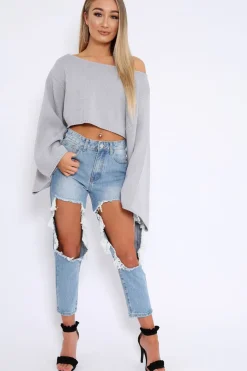 Rebellious Fashion Grey Cropped Batwing Jumper - Carmin