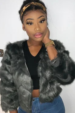 Rebellious Fashion Grey Cropped Faux Fur Jacket - Gwen